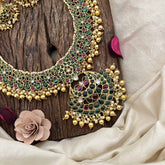 Vriksham Traditional Chandbali Pendant Floral Pealrs Coted Long Neckpiece-Green Red & White-G20287